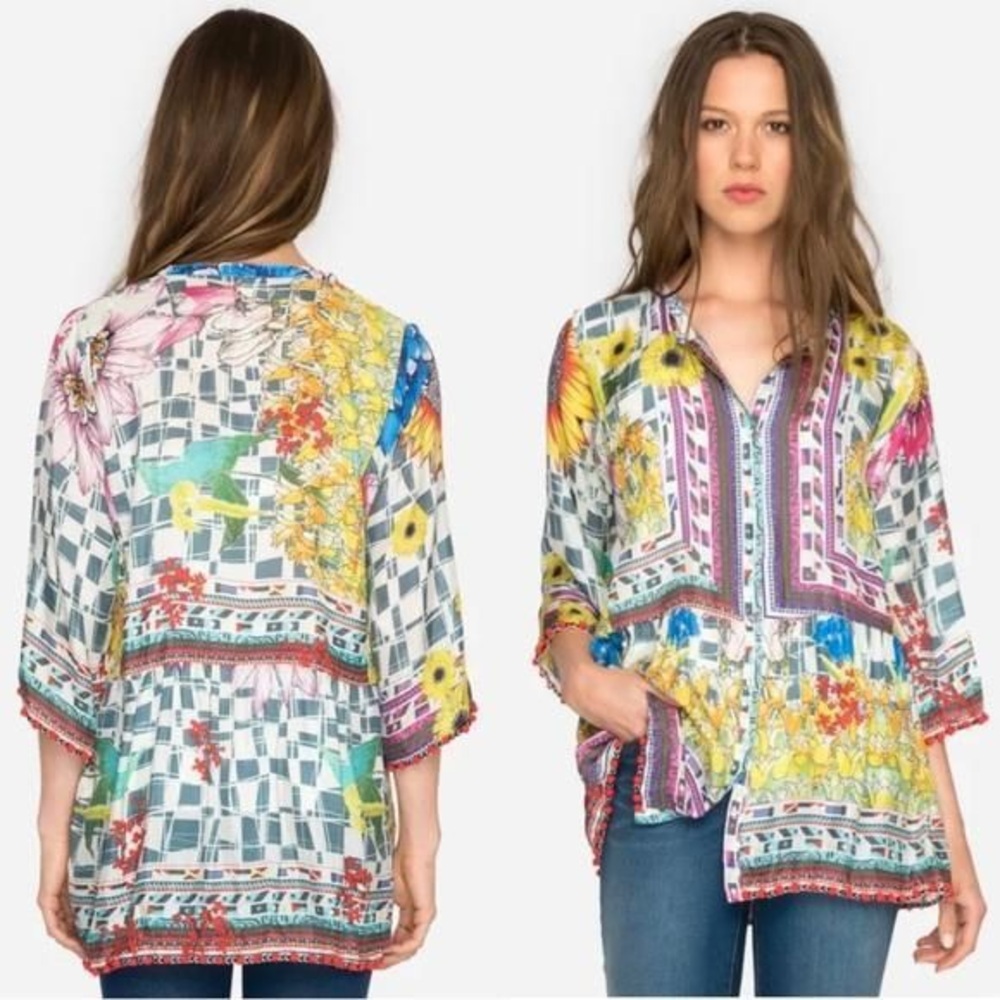 Johnny Was Theda Silk Tunic Top Sunflower Yellow Purple Boho 1X - Picture 2 of 8